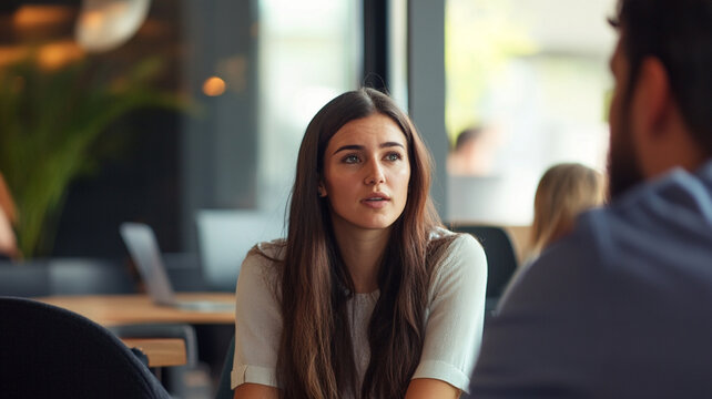 Thoughtful young woman engaged in conversation at modern café setting - Powered by Adobe
