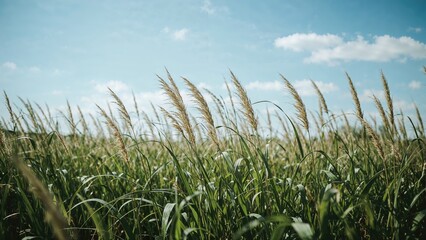 Naklejka premium Green grass swaying under a clear blue sky in a summer garden