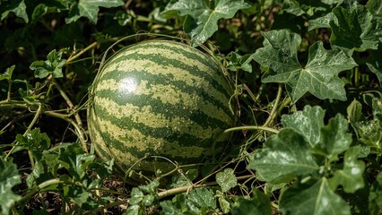 Homegrown green watermelon in the garden
