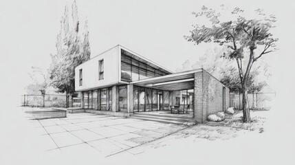 Pencil sketch showcasing a contemporary house design, featuring a patio area and a landscaped garden, highlighting architectural details and creating a serene residential scene