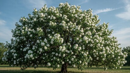 Fototapeta premium An up-close shot of a lovely tree featuring dazzling white flowers and vivid green leaves
