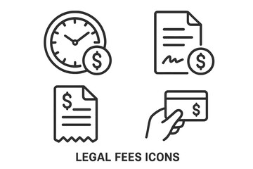 Legal fee icons set. Outline vector illustration of lawyer billing, hourly rate clock, retainer agreement contract, invoice, payment method for attorneys, law firm, court costs, legal expenses.