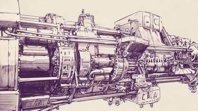 Detailed sketch depicting complex industrial engine or turbine