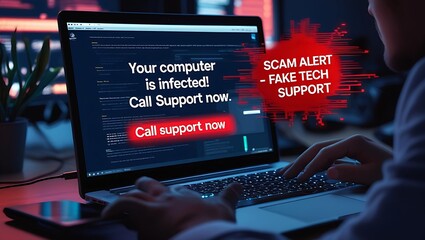A person working on a laptop displaying a scam alert, highlighting a fake tech support message in a dark, tech-themed environment.
