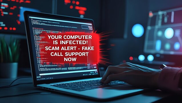 A concerned individual using a laptop with a scam alert message displayed on the screen, highlighting cybersecurity issues.
