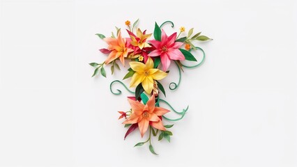 Obraz premium Isolated white background logo of the letter T made from paper flowers and tropical bird design