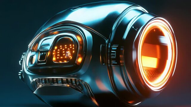Futuristic metallic device emitting orange light in dark environment