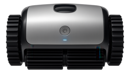 Robotic vacuum for pools with a sleek silver finish and rotating scrubber brushes