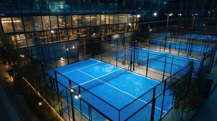 Nighttime padel courts glowing near sleek glass facade building, highlighting urban sporting energy under artificial lighting