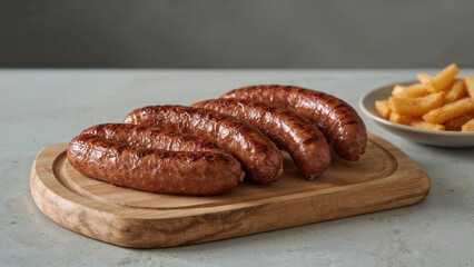 Wooden board holding grilled sausages placed on a light gray countertop