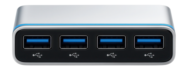 USB hub with four Type-A ports and a sleek aluminum casing