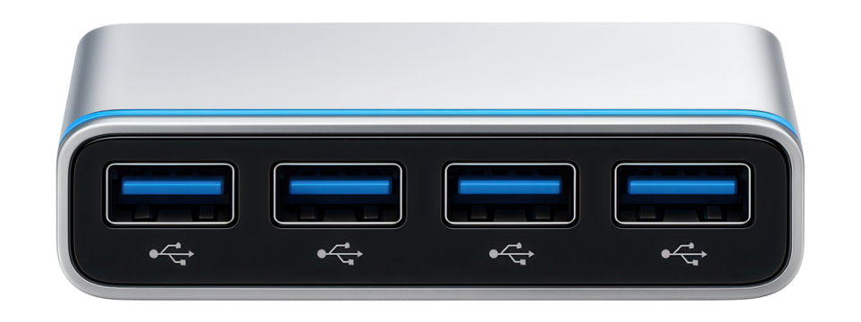 USB hub with four Type-A ports and a sleek aluminum casing