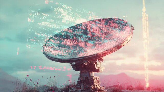 Large satellite dish receiving data in a futuristic landscape