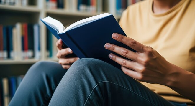 Person Reading a Book in a Library, Enjoying Literature and Lifelong Learning, Sitting Near Bookshelves
