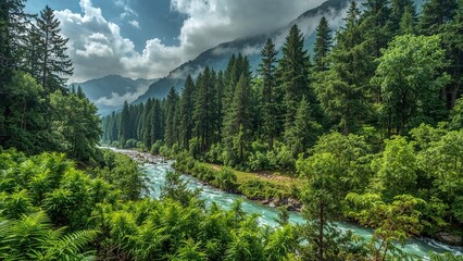 Dense greenery encircles a beautiful valley featuring a clear river amidst rugged hills.