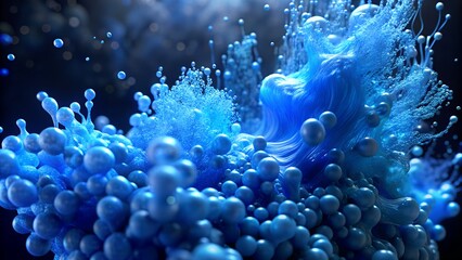 Abstract blue spheres and splashes abstract background. 3d render