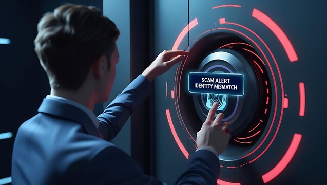 A young Caucasian businessman interacting with a futuristic security interface, highlighting a scam alert notification.