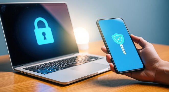 Digital Security: Laptop and Smartphone with Encryption Symbols for Secure Data Transfer and Authentication