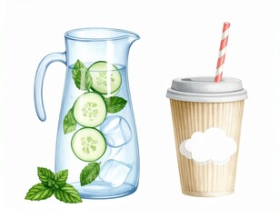 Refreshing Cucumber Infusion: A crisp, clear pitcher of cucumber-infused water sits invitingly beside a refreshing takeaway cup.