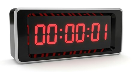 Modern digital clock displays one second with bright red glowing numbers on a black face, sleek silver bezel, and subtle red accent lighting, perfect for timekeeping visuals.