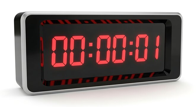 Modern digital clock displays one second with bright red glowing numbers on a black face, sleek silver bezel, and subtle red accent lighting, perfect for timekeeping visuals.