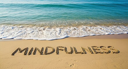 Fototapeta premium Mindfulness message on sandy beach, ocean waves washing over the word. Conceptual image for peace and meditation.