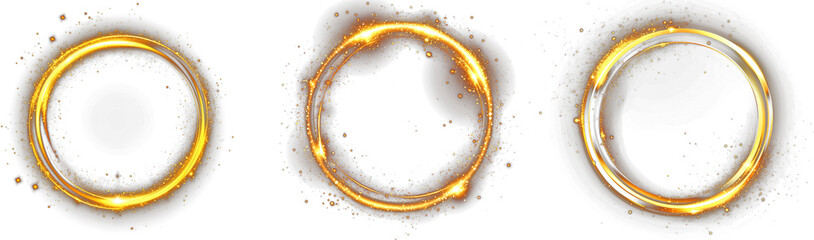 Bright Golden Glowing Energetic Ring Light in Circle Shape Set isolated on a Black background

