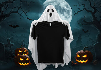 Spooky ghost holding a black tshirt mockup in a halloween night scene