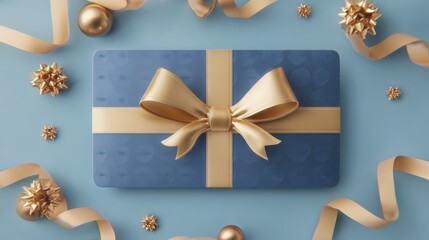 Golden gift card adorned with silky ribbons resting on soft blue surface, signaling celebration and personal gifting moment with elegant decorative elements