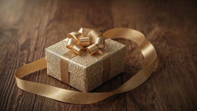 Wooden table featuring a gift package adorned with a metallic gold bow
