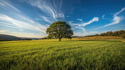 Sunny day with scattered trees in a wide field