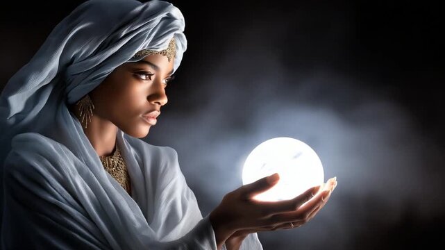 Elegant fortune teller with crystal ball in a mystical setting, symbolizing divination, spiritual guidance, occult rituals, clairvoyance and esoteric traditions
