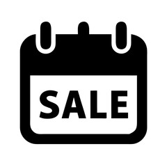Black calendar icon with sale label on a white background  