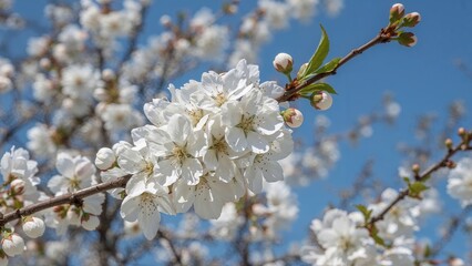 Obraz premium Close-up of blooming white cherry flowers against a bright sky