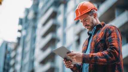 civil engineer or architect with hardhat on construction site checking schedule on tablet computer	