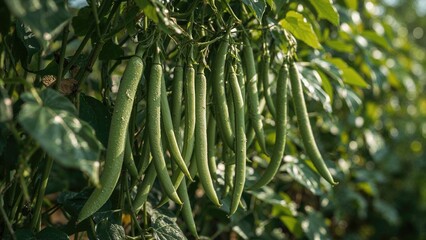 Lush green beans maturing on the vine