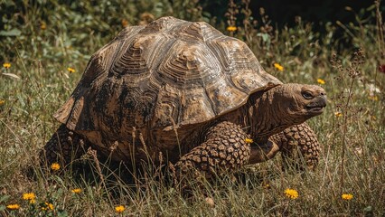 Obraz premium Massive Tortoise May Be Sluggish But Remains Lively Throughout Summer