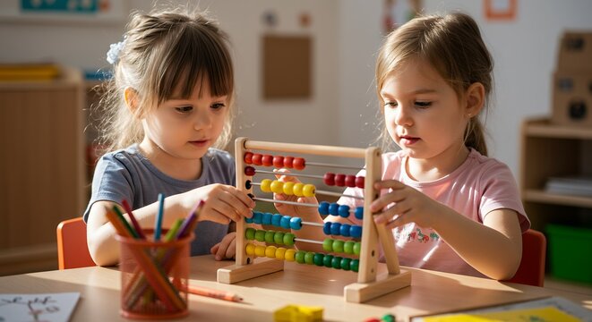 Early childhood education concept with two girls developing numeracy skills with a colorful abacus at kindergarten.
