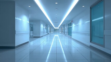 Modern Hospital Hallway with Clean Interior Design and Bright Lighting, Ideal for Healthcare Concepts