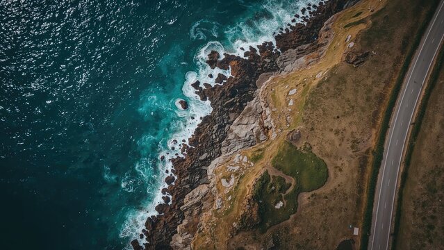 Overhead shot highlighting the raw beauty of seaside cliffs and the endless ocean horizon.