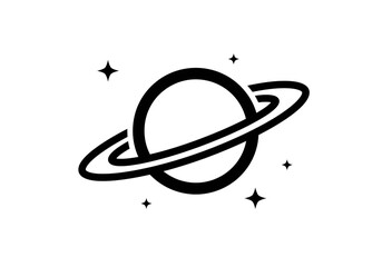Obraz premium A stylized black and white illustration of a planet with rings and several stars around it