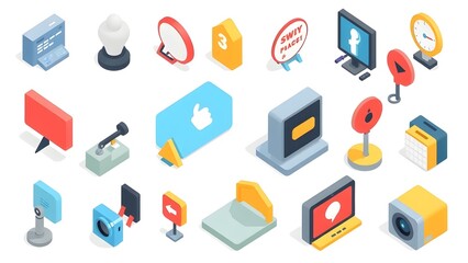 Publicity icons set. Isometric set of 25 publicity icons for web isolated on white background