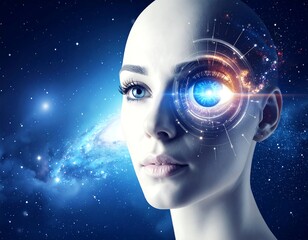 A futuristic female cyborg portrait against a cosmic backdrop, one eye replaced with technological interface