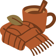 A cozy flat-style illustration of a warm drink in a mug with a cinnamon stick, placed beside a pastry and a fringed blanket in earthy autumn colors.