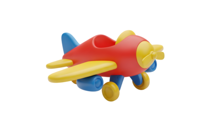A colorful toy airplane with red body, yellow wings and propeller, and blue wheels, isolated on transparent background