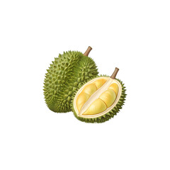 Obraz premium Whole and halved durian fruit isolated on transparent background