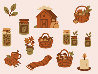 A cozy autumn-themed flat illustration set featuring barns, baskets of mushrooms and fruits, jars, scarves, leaves, candles, and potted plants in warm earthy tones.