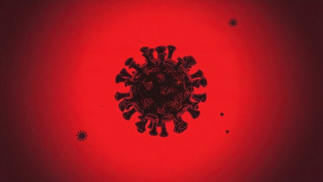 Drawing featuring a virus silhouette over a deep red backdrop