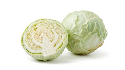 Obraz premium Isolated white cabbage shown as a whole and in halves on white