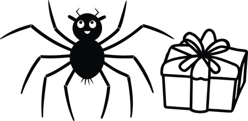 Black Spider Wrapping Christmas Presents Silhouette.